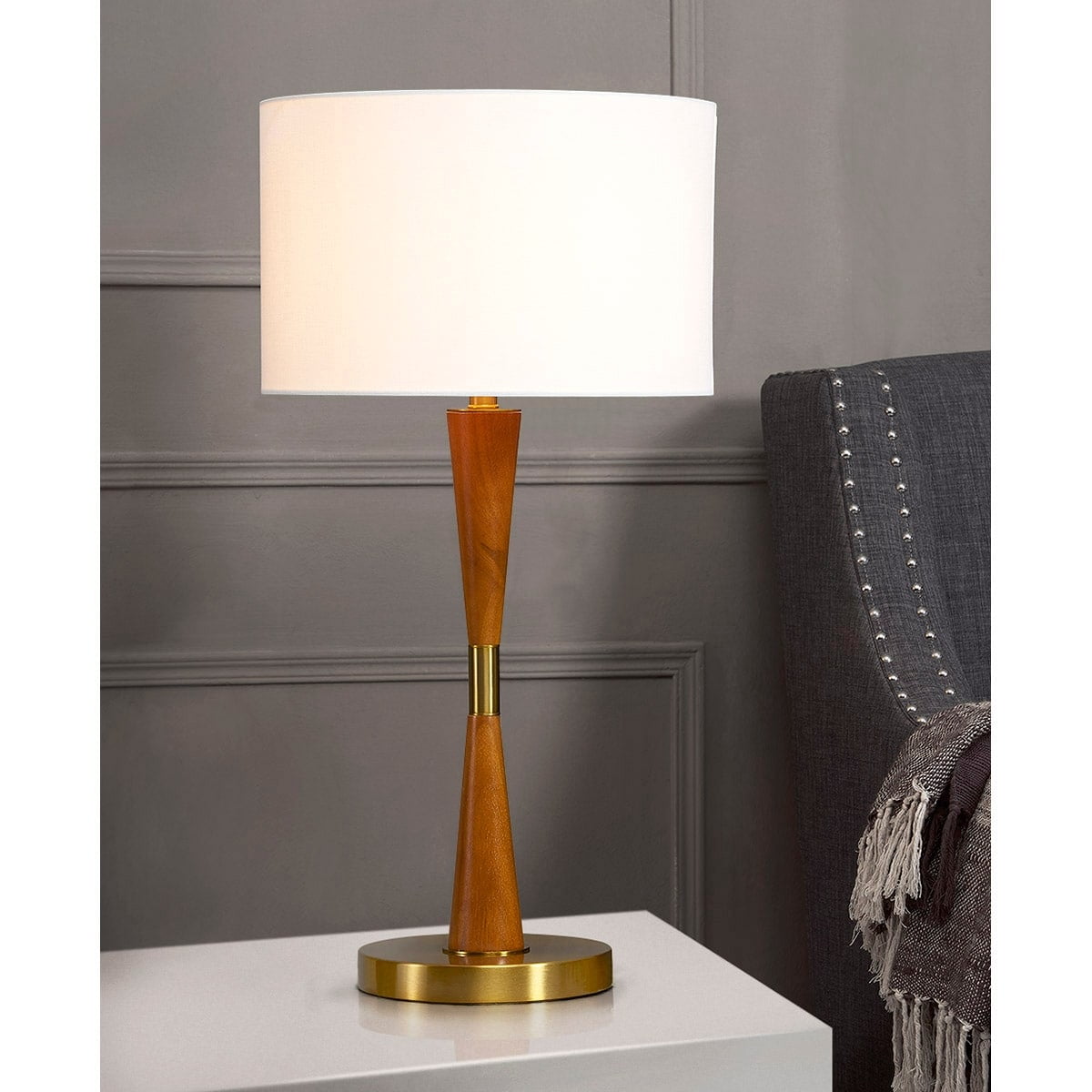 Century 28" Antique Brass and Wood Table Lamp with White Shade