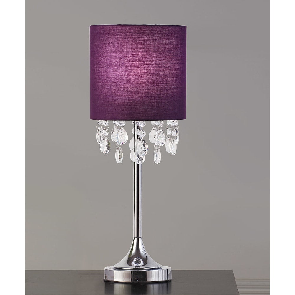 Florence 22" Purple Drum Shade Table Lamp with Chrome Base and Crystal Pendants