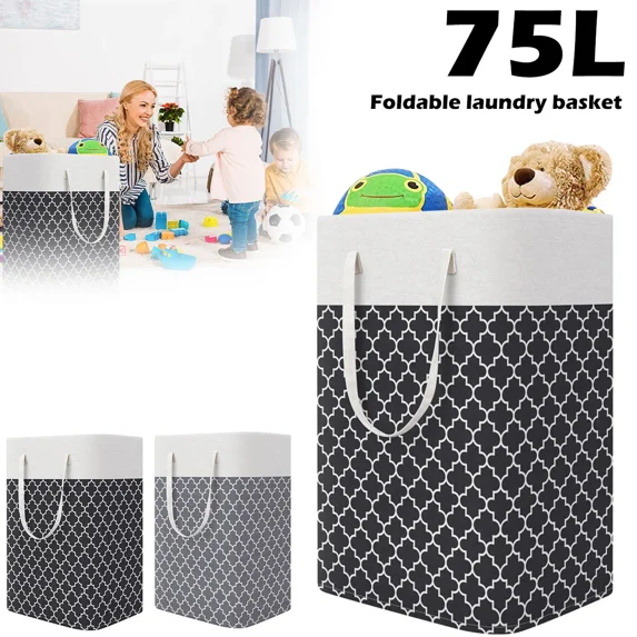 HomeHacks Laundry Baskets, Laundry Hamper with Long Handles, Collapsible Waterproof Clothes Hamper, Durable Tall Laundry Bin, Clothes Hamper for Bedroom, Bathroom, Dorm, Toys, 75L, 1-Pack, Black