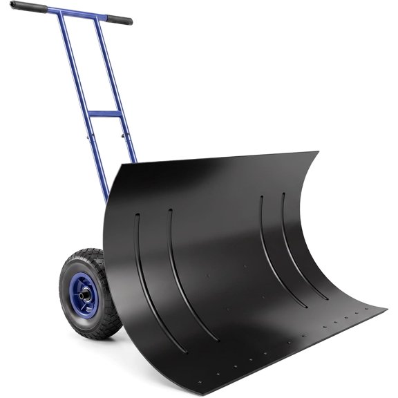 HomeHarbor Snow Shovel with Wheels, 29" x 18" Metal Snow Pusher, Blue | Heavy Duty, with 5-Level Adjustable Handle, 7-Angle Blade, Bottom Wear Strip for Driveway, Sidewalks, Garden, Deck