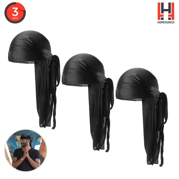 HomeHunch Stocking Wave Cap Durag 3 Pack Set Hair Compression for Men Black