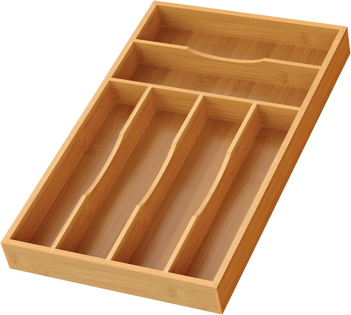 HomeJoy Bamboo Silverware Organizer, Bamboo Kitchen Drawer Cutlery Organizer, Utensil Holder, Flatware Organizer Tray (15.8"x9.5"x1.6")