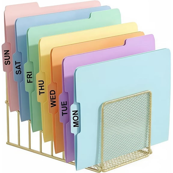 Liv - Gold Desk Organizer 7 Slot Inclined Vertical File Folder Holder Sorter with Mesh Front Metal Wire Rack for Mail, Slim Binders, Books Office Organization Desktop Accessories