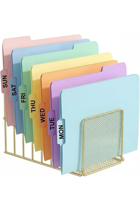 - Gold Desk Organizer 7 Slot Inclined Vertical File Folder Holder Sorter with Mesh Front Metal Wire Rack for Mail, Slim Binders, Books Office Organization Desktop Accessories