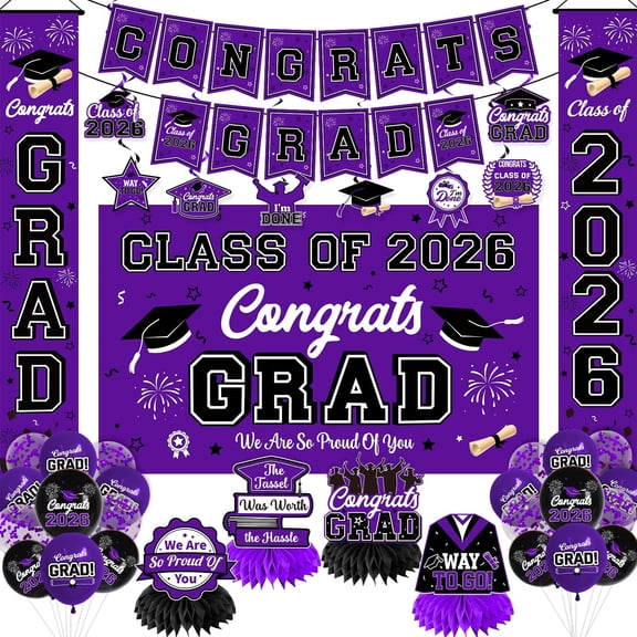 HomeJoy Graduation Decorations 2026 Purple Graduation Party Decor Set include Congrats Grad Banner Backdrop Class of 2026 Balloons Party Supplies