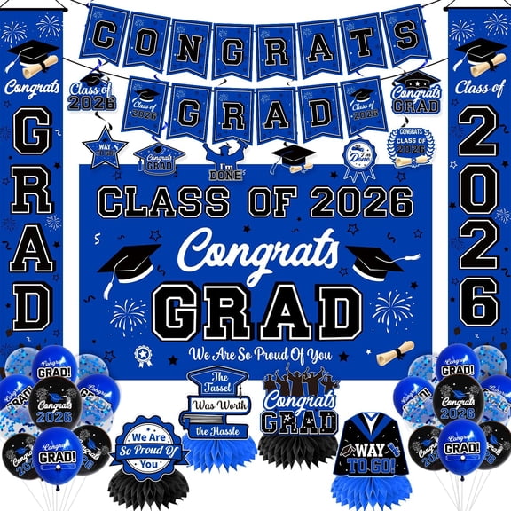 HomeJoy Graduation Decorations Blue Party Decor Set include Congrats Grad Banner Graduation Backdrop Class of 2026 Balloons Party Supplies
