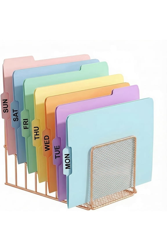 - Desk Organizer, Metal Wire Vertical File Folder Holder, 7 Slot Inclined Sorter with Mesh Front for Mail Binders Books Office Desktop Accessories Storage, Rose Gold