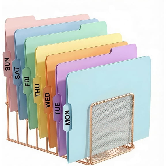 Liv - Desk Organizer, Metal Wire Vertical File Folder Holder, 7 Slot Inclined Sorter with Mesh Front for Mail Binders Books Office Desktop Accessories Storage, Rose Gold