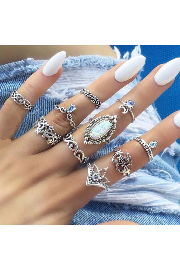 10 Pcs European Dazzling Opal with Diamonds Crescent Joint Ring Set - Multicolor Alloy Stackable Rings for Women Fashion Jewelry Gift