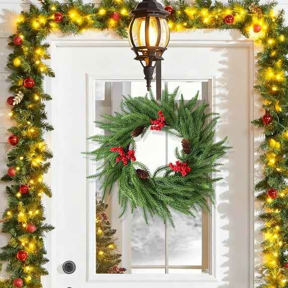 HomeKingdee 14 Inch​Artificial Norfolk Pine Wreath, Realistic Needle and Red Fruit Decor for ​​Indoor Christmas