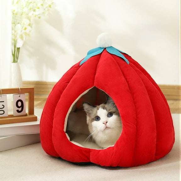 HomeKingdee 15.7 Inch Enclosed Cat Bed Winter Warm Pet House, Red Christmas Theme Cotto-n Material