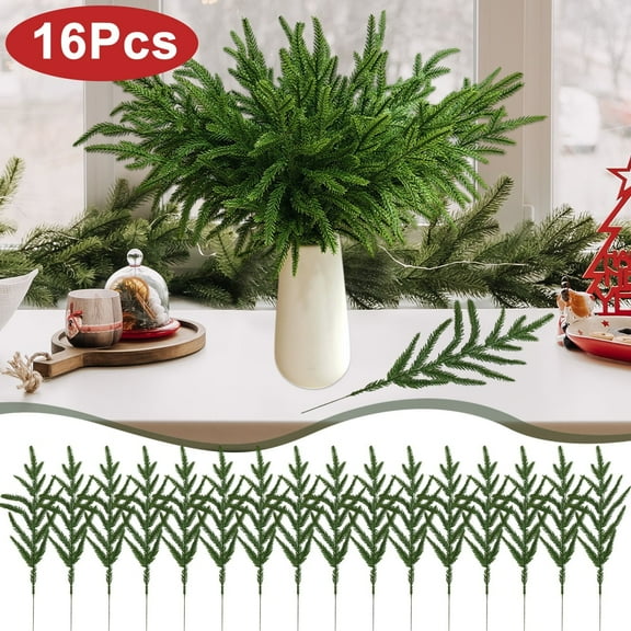 HomeKingdee 16 Pcs Artificial Pine Needles - 13.38 Inch Faux Cedar Branches for Christmas Vase Decor, Indoor Outdoor Festival Indoor Garland Wreath Supplies