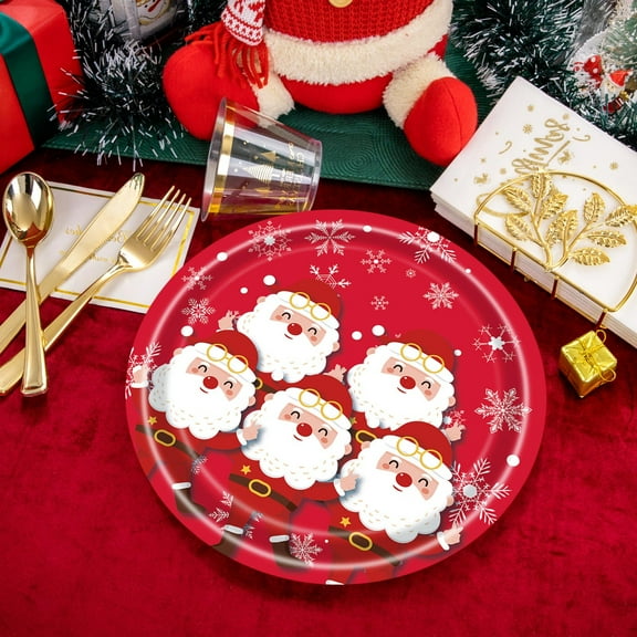 HomeKingdee 16 Pcs Santa Claus Paper Plates - Christmas Snowflake Party Tableware Supplies 8.86-inch Disposable Dinnerware for FestivalIndoor Decorations Birthday Xmas Celebrations