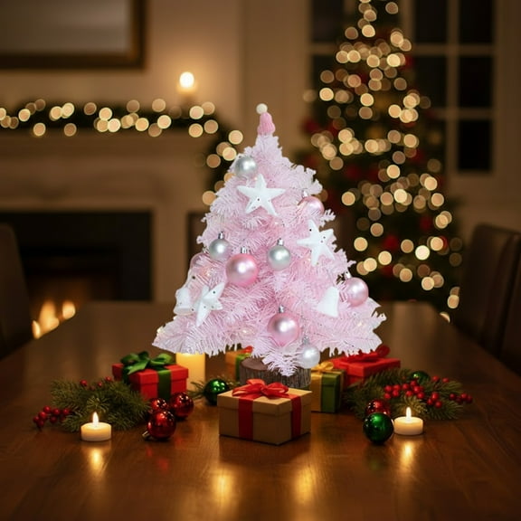 HomeKingdee 18 Inch Pink Christmas Tree Set, Feather Decorated Tabletop Tree with Ornaments, Festive Christmas Decor