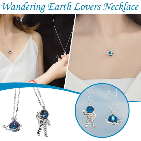 HomeKingdee 2 Pcs Astronaut Planet Couple Necklace - Valentine's Day Gift Copper Crystal Pendant Jewelry for Him and Her, Lovers