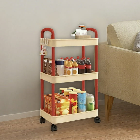 HomeKingdee 3-Tier Kitchen Storage Cart with Armrests and Wheels - Plastic Bathroom Toiletries Organizer Rolling Cart for Indoor, Living Room, Bedroom, 14x9x27inch