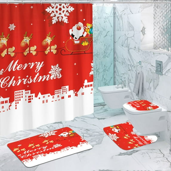 HomeKingdee 4 Pcs Merry Christmas Shower Curtain Sets with Non-Slip Bathroom Rugs, Lid Toilet Cover, Bath Mat, Shower Curtain Christmas Bathroom Decor