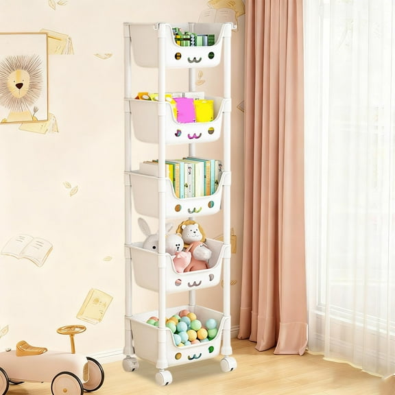HomeKingdee 5-Tier Cute Storage Rack with Wheels - Plastic Multicolor Toy Organizer for Kids Bedroom Playroom Home Use