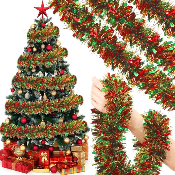 HomeKingdee 78 Inch Christmas Tinsel Garland, Red Green Gold Festive Decor, Sparkly Christmas Party Decorations