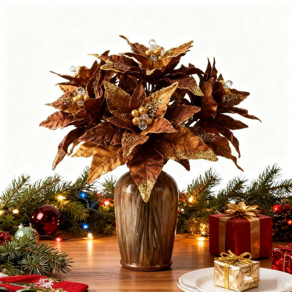 HomeKingdee Artificial Christmas Flower with Stems Glitter Coffee Color Poinsettia Flower Fake Large Christmas Flower Decoration for DIY Christmas Tree Wreath Garland Party Supplies