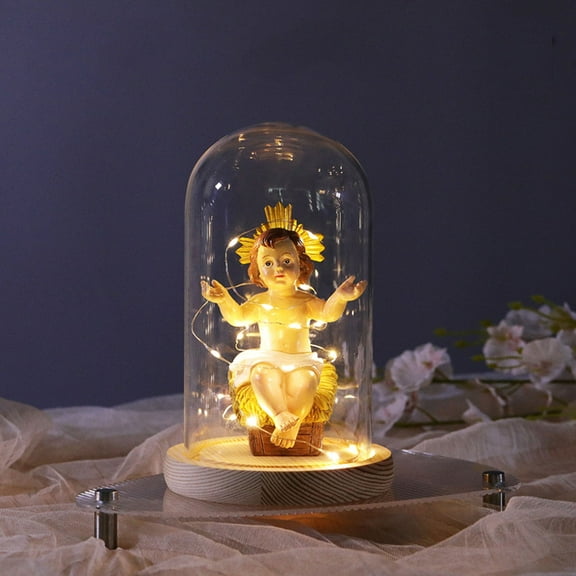HomeKingdee Baby Jesus Nativity Figurine, Baby Jesus in A Cloche with Light, Christian Gift, Christ Child Lamp in A Glass Dome Religious Decorations