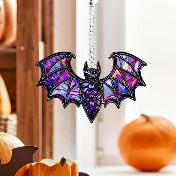 HomeKingdee Bat Light Catcher Halloween Hanging Ornament - Acrylic Stainless Steel Window Decoration for Indoor, Office, Wall, Tree Art (Purple, 3.94x2.76x0.12 Inches)