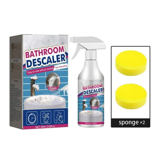 HomeKingdee Bathroom Cleaner + 2pcs Sponge - Foam Descaler for Tile, Glass, Faucet & Tub Removal | Multi-Surface Streak-Free Cleaner for Kitchen, Toilet, Car Interiors (60ml)