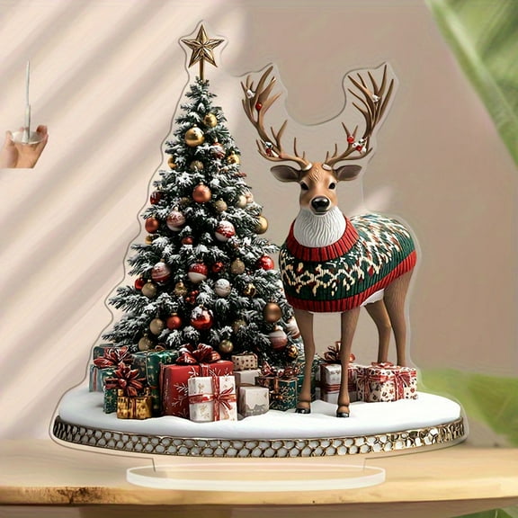 HomeKingdee Christmas Deer and Tree 2D Acrylic Ornaments - 7.87 Inch Festive Tabletop Decor for Indoor, Office Festival Party Supplies