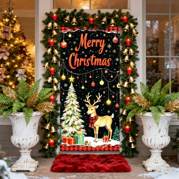 HomeKingdee Christmas Door Cover Christmas Door Decorations Christmas Porch Sign,Christmas Gift Reindeer Christmas Front Door Banner Holiday Decor