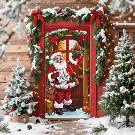 HomeKingdee Christmas Door Cover Decoration Santa Claus Front Door Cover Xmas Hanging Banner Santa Background for Home Holiday Christmas Decoration