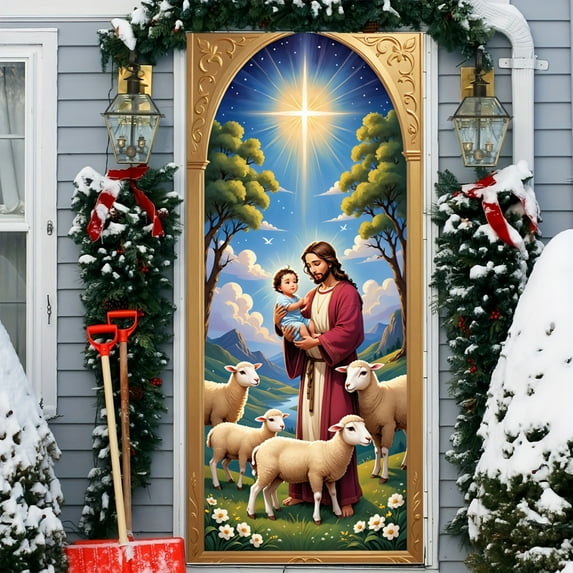 HomeKingdee Christmas Door Cover Decoration, Santa Door Hanging Banner Funny Xmas Background Santa Claus Backdrop Christmas Party Decorations Photo Booth Prop