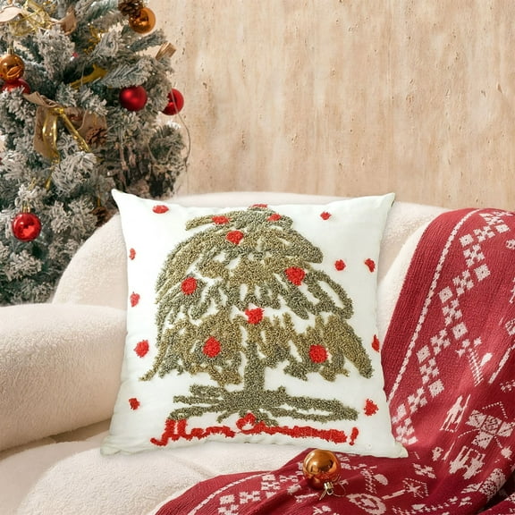 HomeKingdee Christmas Embroidered Pillow Covers,Christmas Tree Decor Pillow Covers for Sofa Couch Christmas White Cushion Cover Xmas Home Decor