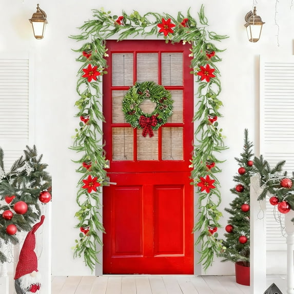 HomeKingdee Christmas Garland, Realistic Soft Thick Green Faux Cedar Pine Garland with Red Berries Cypress Berry Garland for Crafting, Home Fireplace Wall Decoration