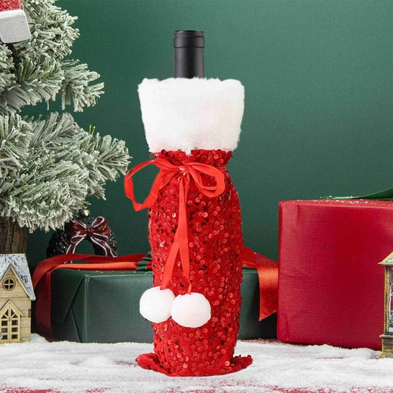 HomeKingdee Christmas Glitter Sequin Wine Bottle Covers Holder Sweater Faux Fur Wine Bottle Pouch Bags for Christmas Party Decorations