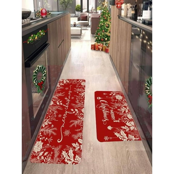 HomeKingdee Christmas Kitchen Rugs Merry Christmas Kitchen Mats for Floor Winter Decor Holly Pine Branches Leaves Kitchen Rugs for Xmas Kitchen Bedroom Farmhouse Decorations