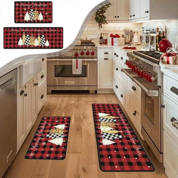 HomeKingdee Christmas Kitchen Rugs - Red Crystal Velvet Non-Slip Floor Mats (15.75x23.62 & 15.75x47.24 Inches) for Festival Indoor Decor, Kitchen, Living Room, Doorway
