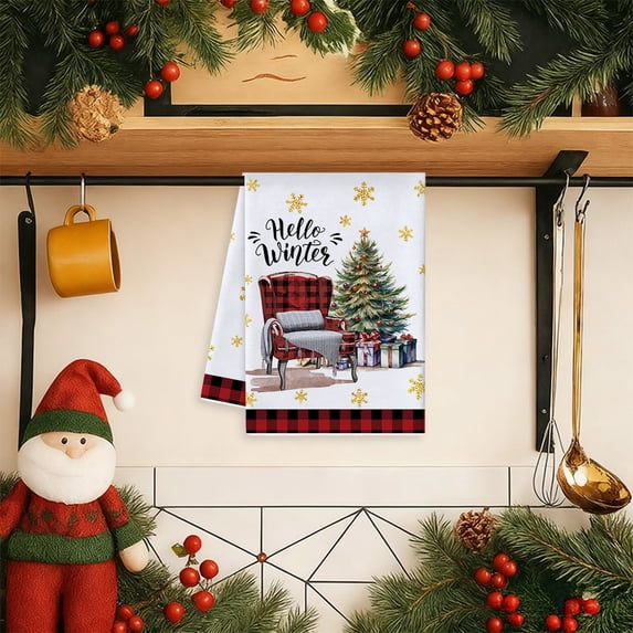 HomeKingdee Christmas Kitchen Towels Xmas Tree Dishtowels Decorative Hello Winter Hand Towels Absorbent Gloves Ball Merry Christmas Tea Drying Cloth Xmas Decor