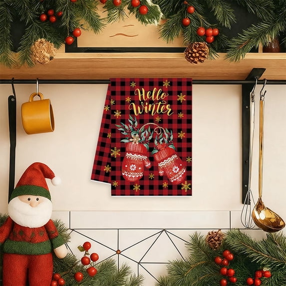 HomeKingdee Christmas Kitchen Towels Xmas Tree Dishtowels Decorative Hello Winter Hand Towels Absorbent Gloves Ball Merry Christmas Tea Drying Cloth Xmas Decor