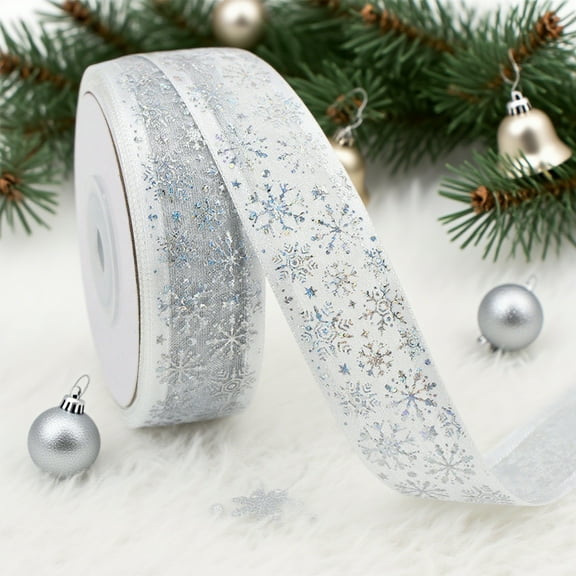 HomeKingdee Christmas Snowflake Ribbon - Polyester Holiday Gift Wrapping Ribbon with Silver Snowflake Patterns for Christmas Decorations Tree Xmas Party Home Decoration