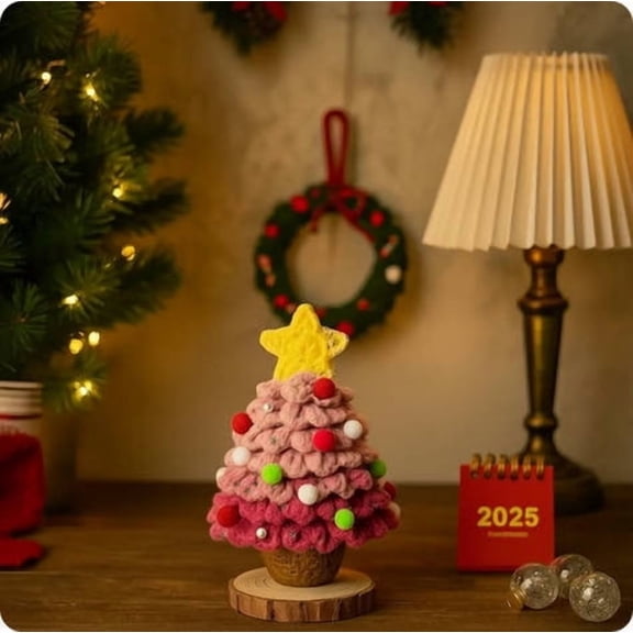 HomeKingdee Crochet Christmas Tree, Handmade Crochet Tree Winter Table Crochet Christmas Tree with Wooden Base Crochet Xmas Tree