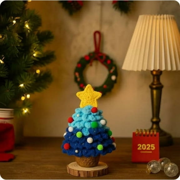 HomeKingdee Crochet Christmas Tree, Handmade Crochet Tree Winter Table Crochet Christmas Tree with Wooden Base Crochet Xmas Tree