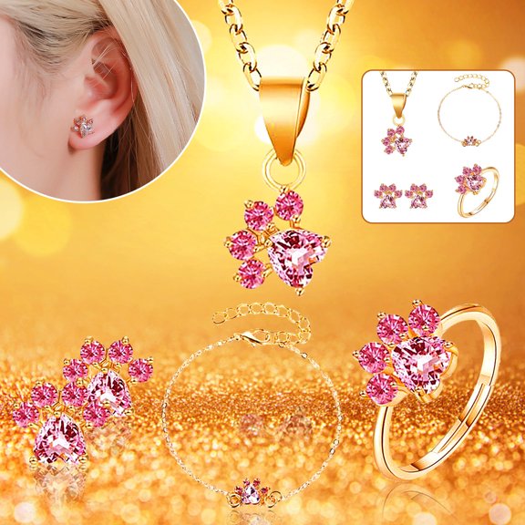 HomeKingdee Cute Cartoon Cat Paw Necklace and Earrings Four-piece Set - Fashion Alloy Jewelry for Women for Party Date Banquet Gift