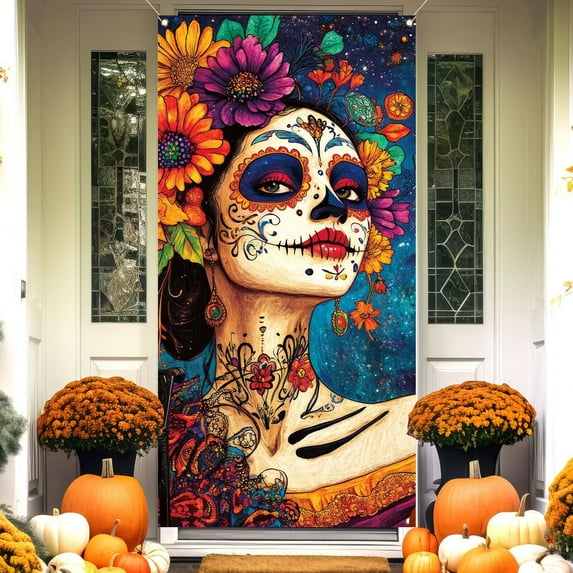 HomeKingdee Day of The Dead Door Cover Día De Los Muertos Decoration Mexican Fiesta Party Sugar Skull Office Front Door Decor