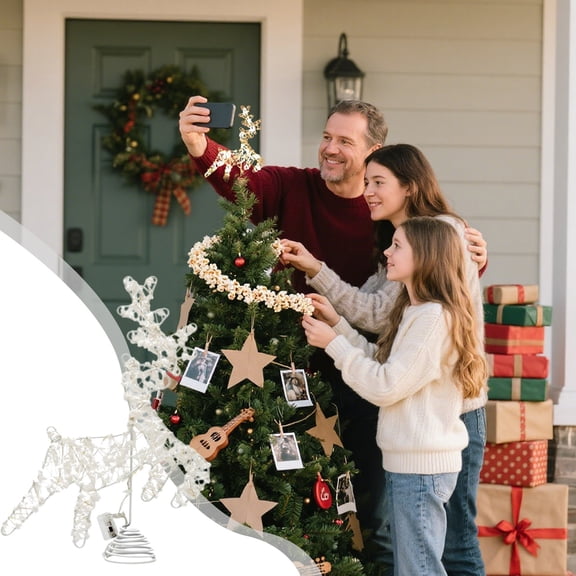 HomeKingdee Deer-shaped Christmas Tree Topper Star with LED Lights - White Plastic Xmas Tree Top Decoration for Holiday Home Party Decor