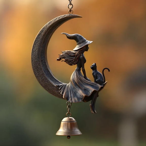 HomeKingdee Enchanting Witch Cat Moon Wind Chime - Rust-Proof Metal and Weather-Resistant Resin Mystical Decor for Home Garden Balcony, Unique Gift for Witchcraft Enthusiasts