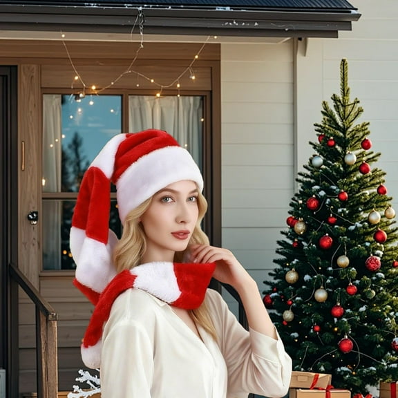 HomeKingdee Extra Long Flock Santa Hat - 2-in-1 Scarf & Christmas Party Accessory for Holiday Festivities