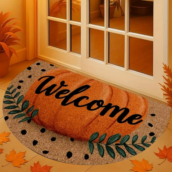 HomeKingdee Fall Thanksgiving Pumpkin Half Round Door Mat, Non-Slip Welcome Indoor Entrance Way Rug Semi Circle Front Doormats Washable Floor Mat, Outdoor Rugs