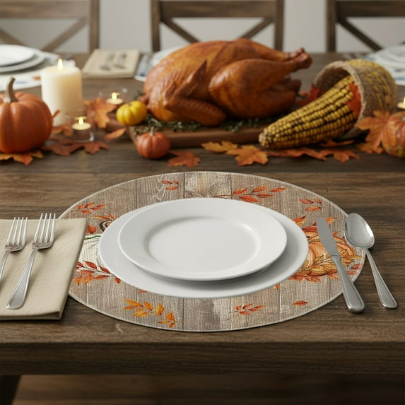 HomeKingdee Floral Pumpkin Round Fall Placemats, Thanksgiving Round Table Mats for Dining Decoration