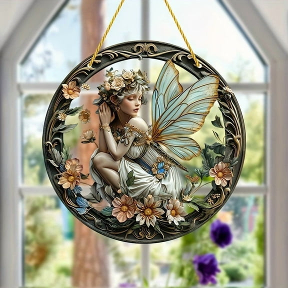 HomeKingdee Flower Fairy Acrylic Window Hanging, Fairy Stained Glass Daylight Refractor, Holiday & Christmas Decorations, Window Decorations Elf Girl Art