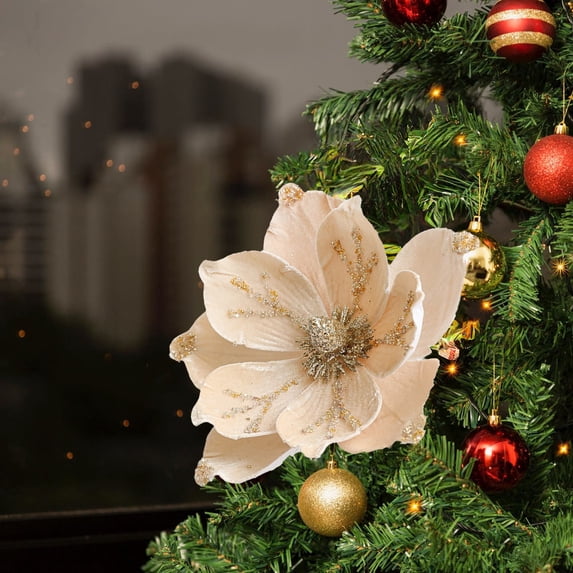 HomeKingdee Glitter Christmas Flower Artificial Magnolia Flowers Velvet Fold Christmas Tree Flower Decorations Xmas Tree New Year Party Wedding Ornaments